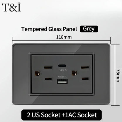 118*75mm TEMPERED GLASS SWITCH PANEL Wall Socket with USB Type - C, Grey US Switch, Thai Plug for Home & Office Use