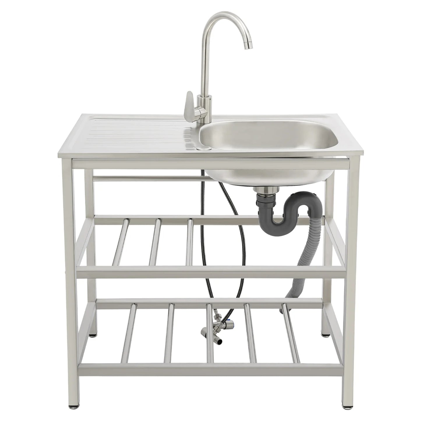 Stainless Steel Freestanding Outdoor Kitchen Sink with Faucet Worktable and Storage Rack Cold Hot Water Adjustable Feet