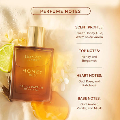 BellaVita Luxury Honey Oud EDP 3.4oz / 100ml Warm Sweet Amber Vanilla Long Lasting Unisex Perfume Ideal Holiday Gift