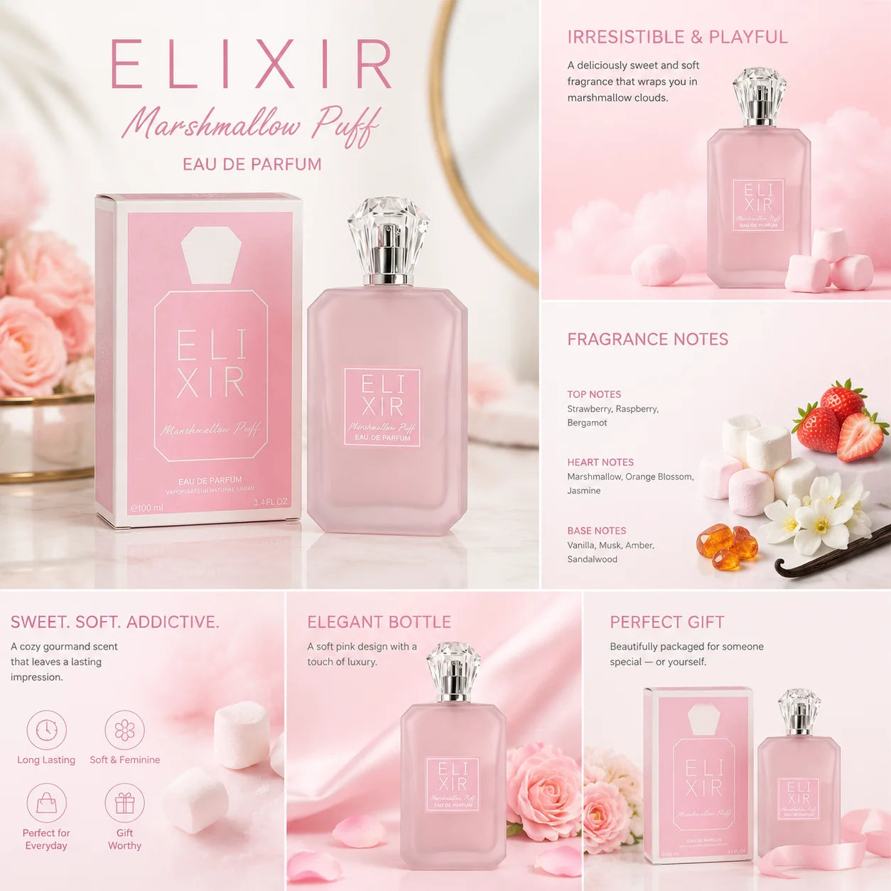 3.4fl Oz Eau De Parfum Spray,Strawberry，Marshmallow and Vanilla Perfume For Women Long Lasting,Perfect For Dating, Daily Life