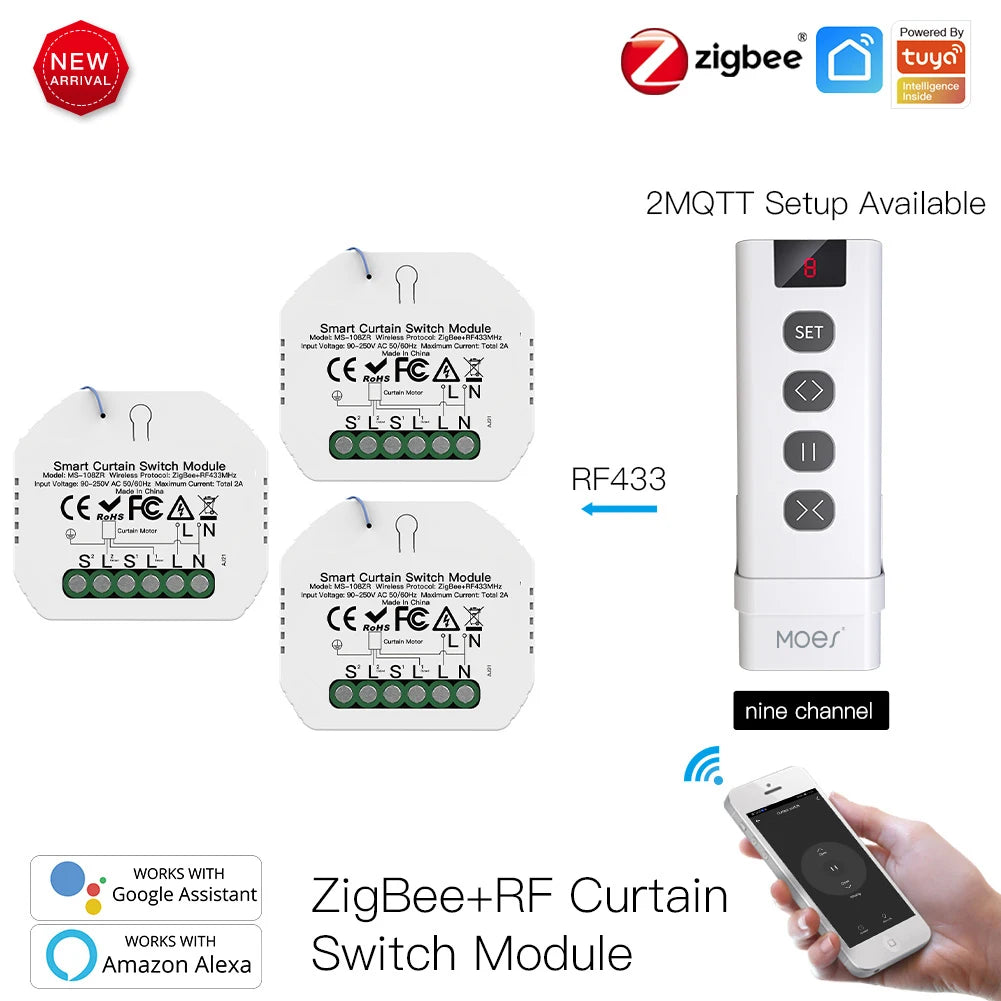 Moes Tuya ZigBee Smart RF433 Curtain Switch Module DIY for Motorized Roller Blinds Motor 2MQTT Smart Life APP Alexa Google Home
