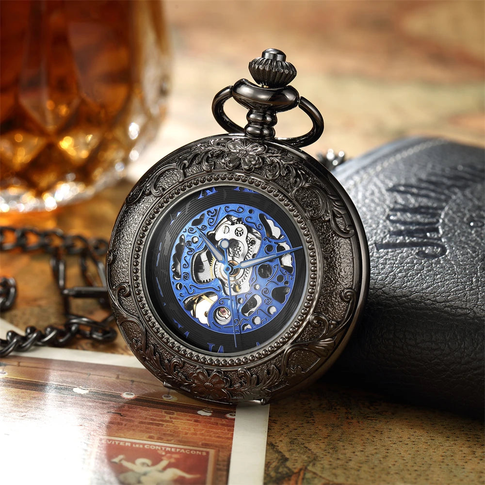 Vintage Skeleton Mechanical Pocket Watch Engraved Floral Design Hand Wind Fob Watch With Chain For Men Women Luxury Antique Gift