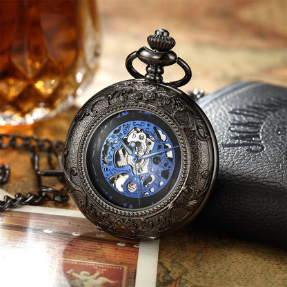 Vintage Skeleton Mechanical Pocket Watch Engraved Floral Design Hand Wind Fob Watch With Chain For Men Women Luxury Antique Gift
