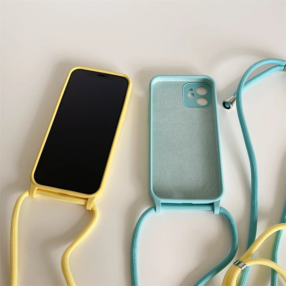 Crossbody Necklace Lanyard Cord Strap Liquid Silicone Case For iPhone 17 16 15 13 11 12 14 Pro Max XS XR X Plus Soft Candy Cover