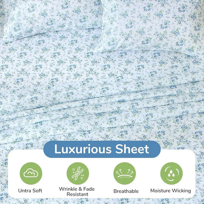 Queen Size 4-Piece Sheet Set, Soft Breathable Bedding with Deep Pocket Up to 16", Wrinkle-Free & Cooling - Blossoms Light Blue