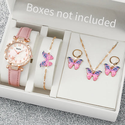5/6PCS Fashion Rhinestone Women Watches Casual Leather Band Quartz Watch for Women Clock Jewelry Set Reloj Mujer（Without Box）