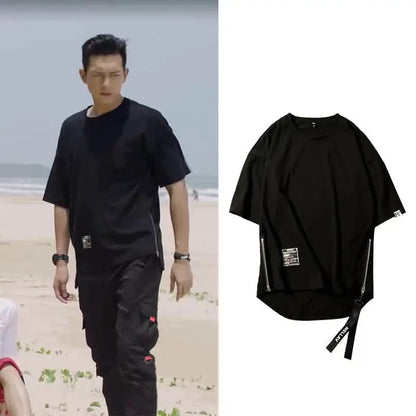 Y2K Summer New Mens Fashion Oversized Style Cargo T Shirt Man Techwear Men Brand Quality 100% Cotton Zip Up Short Sleeve Tshirt