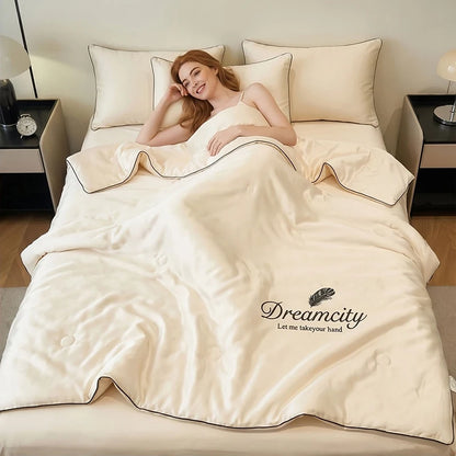 Ultra Soft Cooling Ice Silk Summer Quilt Blanket, Queen King Size Embroidered Breathable Nap Comforter, Lightweight Skin Friendly Air Conditioner Quilt