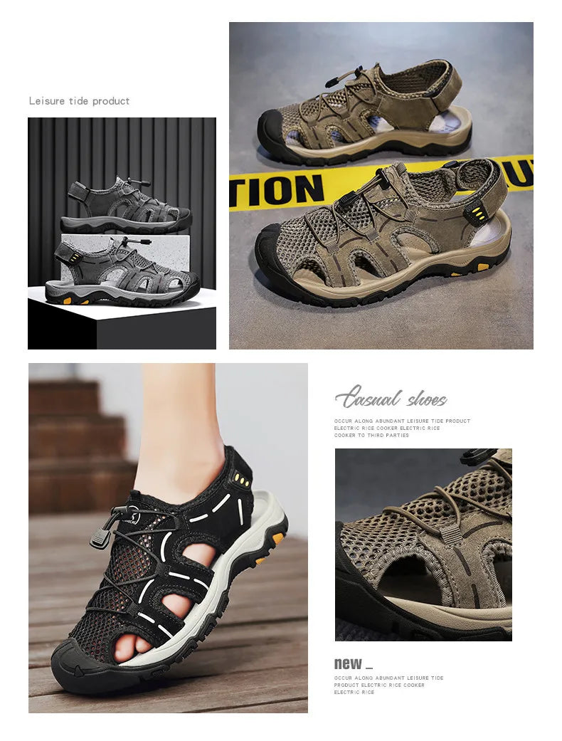 Genuine Leather Men's Sandals Summer Classic Outdoor Lightweight Walking Sneakers Hiking Men's Sandals Casual Beach Wading Shoes