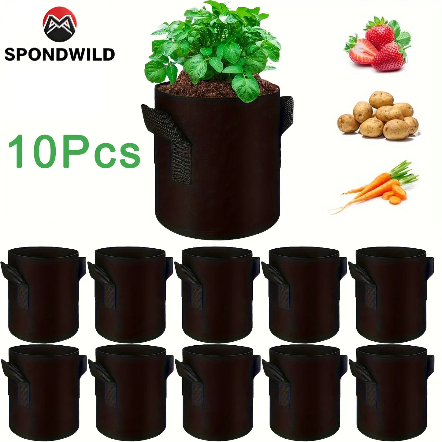 SPONDWILD 10 Pcs set Thickened Potato Planting Bag 3/5/7/10/15 Gallon Garden Non-Woven Fabric Gardening Pot Vegetable Flowerpot