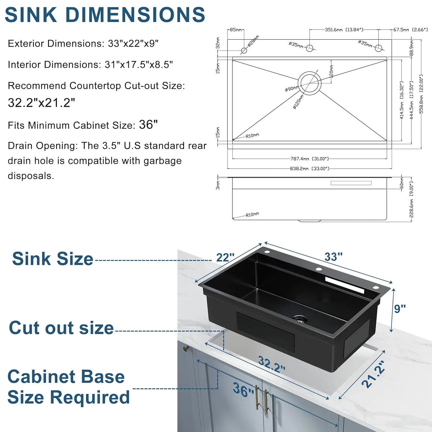 33in Gunmetal Black Waterfall Kitchen Sink Pull Out Faucet Combo Single Bowl Stainless Steel Workstation Accessories, Custom