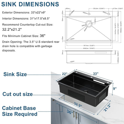 33in Gunmetal Black Waterfall Kitchen Sink Pull Out Faucet Combo Single Bowl Stainless Steel Workstation Accessories, Custom