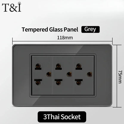 118*75mm TEMPERED GLASS SWITCH PANEL Wall Socket with USB Type - C, Grey US Switch, Thai Plug for Home & Office Use