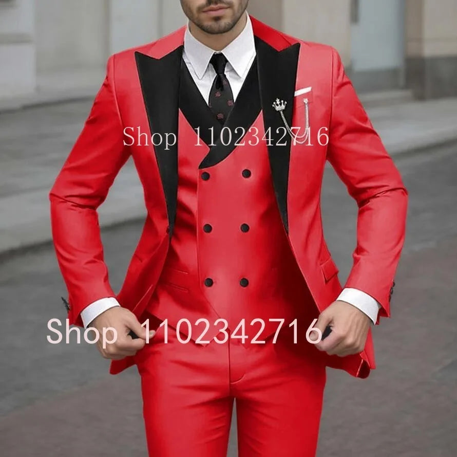 New Classic Beige Single Breasted Suits For Men Black Lapel Slim Fit Wedding Suit Groomsmen Formal Prom Party Suits 3 Piece Sets