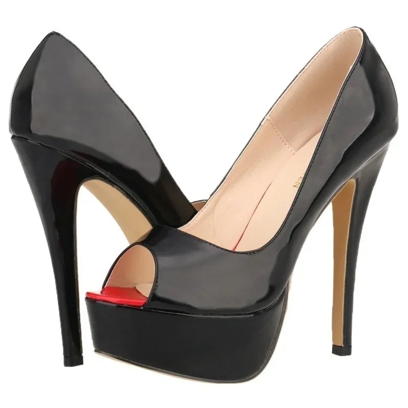 Women Pumps Sexy Platform Peep Toe 14cm Extremely Thin High Heels Stiletto Patent Leather Fashion Party Nighclub Wedding Shoes