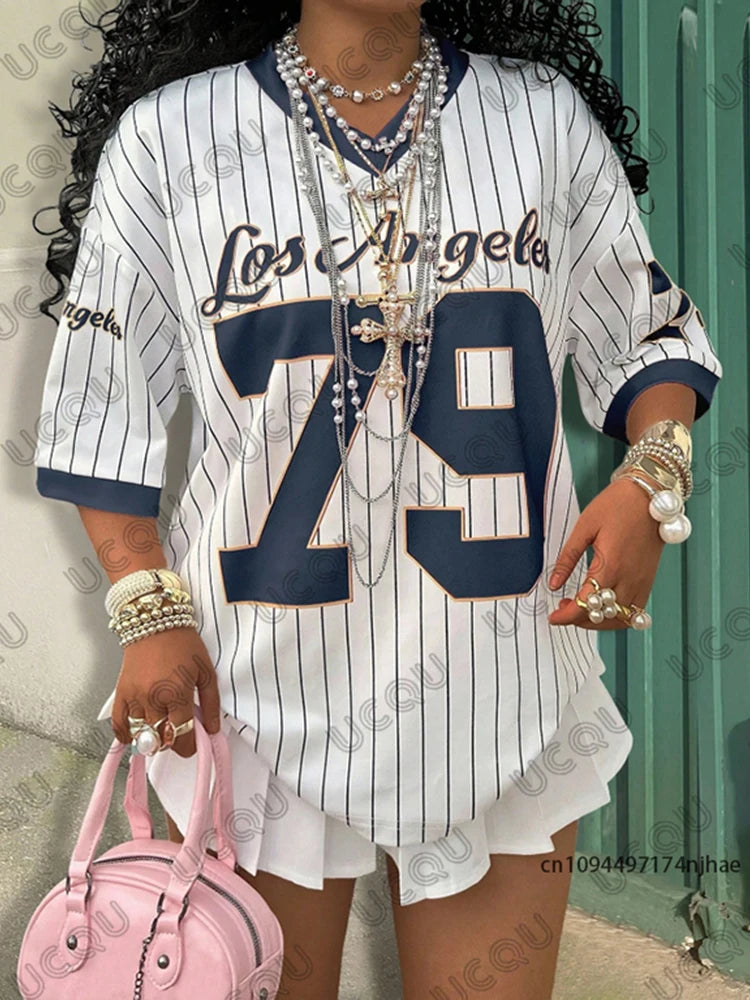 Summer New Los Angeles 79 Print Stripe T-shirt For Women V-Neck Short Sleeve Tees Sports Football Jersey Y2K Loose Oversized Top
