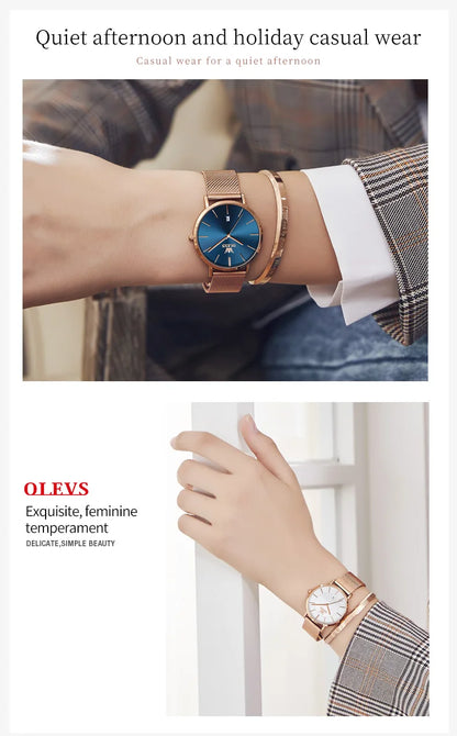 OLEVS Watches For Women Quartz Waterproof Watch Luxury Lady's Watch Stainless Steel Rose Gold Set Gift Box