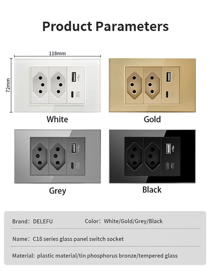 DELEFU 4*2 White Tempered Glass Brazil Standard Outlet with Double USB Type C Wall Power Socket  Switch Tuya Wifi 10A 20A