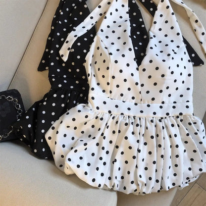 Backless Sexy Halter Beach Babydoll Crop Tops Women Polka Dots V Neck Sleeveless T Shirt Ruffles Basic Tees Not-Padded Pad