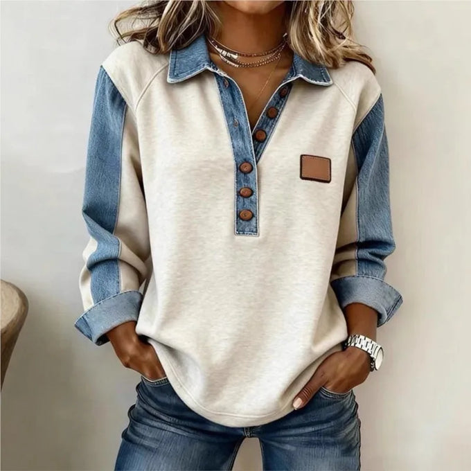 Contrast-Collar Button-Neck Sweatshirt