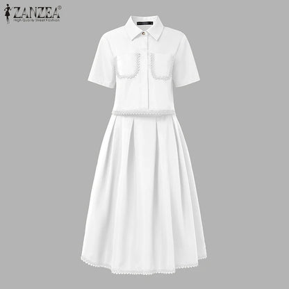 ZANZEA Womens Casual 2 Piece Sets Lace Trim Short Sleeve Crop Tops A-line Midi Skirts 2PCS Outfits Elegant Commute Skirt Sets