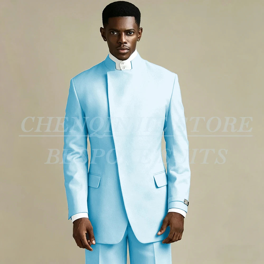 Elegant Black Men's Suits 2 Piece Jacket Pants Outfits Formal Single Breasted Stand Lapel Skinny Clothing Costume Homme