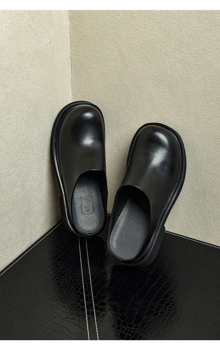 2024 Summer Mens Platform Business Half Shoes Luxury Genuine Leather 6 Cm High Heels Outdoor Social Party Slippers Sandals Man
