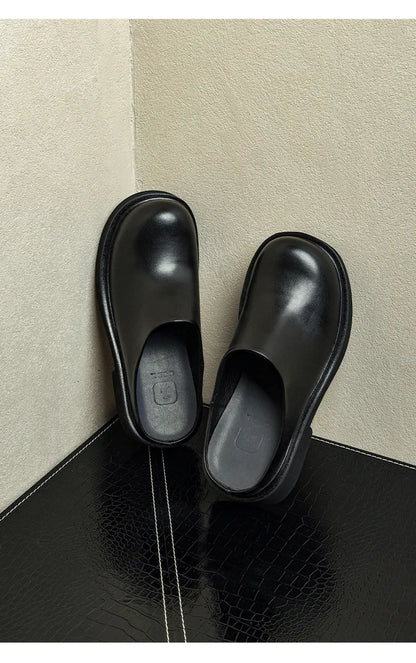 2024 Summer Mens Platform Business Half Shoes Luxury Genuine Leather 6 Cm High Heels Outdoor Social Party Slippers Sandals Man