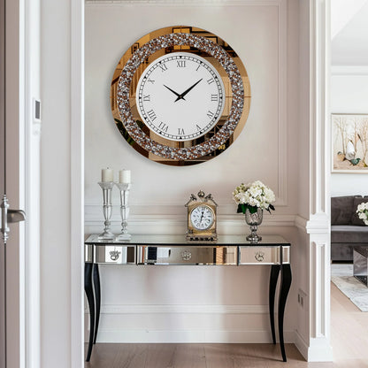 Silver,Tawny Tinted Round Mirror ,24inch Crystal Sparkle Twinkle Bling Crush Diamond Large Mirrored Wall Clock for Living Room