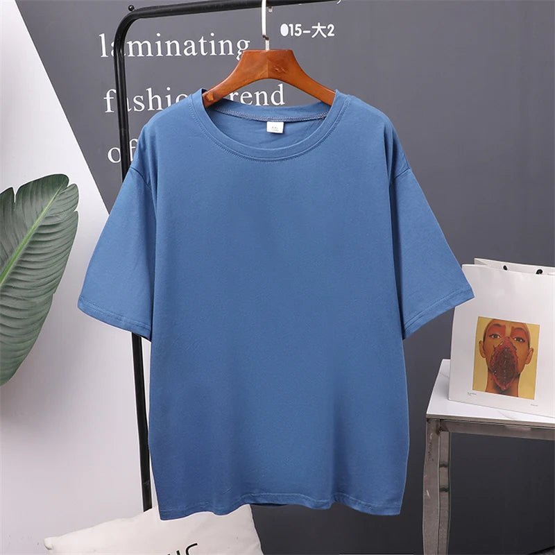Women Cotton T-Shirt Summer Oversized Solid Tees Candy Color Loose Tops