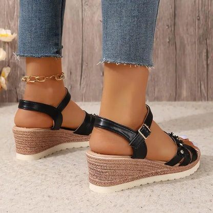 Flower Decoration Women's Wedge Sandals Summer 2025 Lightweight Ankle Strap Platform Sandals Women Comfort Non Slip Beach Shoes