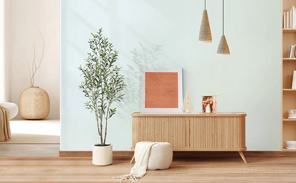 Artificial Olive Tree With Large White Planter, Muti-Trunk Faux Tall Olive Plant With 5/7/9 Realistic Branches