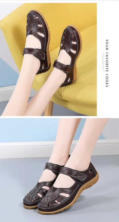 WOIZGIC Female Ladeis Mother Women's Genuine Leather Loater Flats Sandals Shoes Summer Cool Soft Outside Beach
