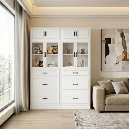 80" Tall Kitchen Pantry Storage Cabinet with Glass Doors, Adjustable Shelves & 3 Drawers, Versatile Tall Storage, Custom