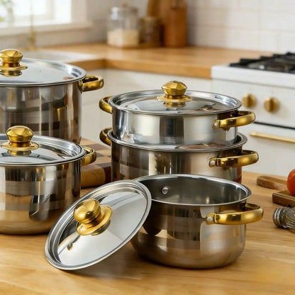 10Piece Stainless Steel Cookware Set 5 Pots With Lids, Multiple Sizes, Deep Stock Pot For Soup, Pasta, Noodles Seafood, Durable