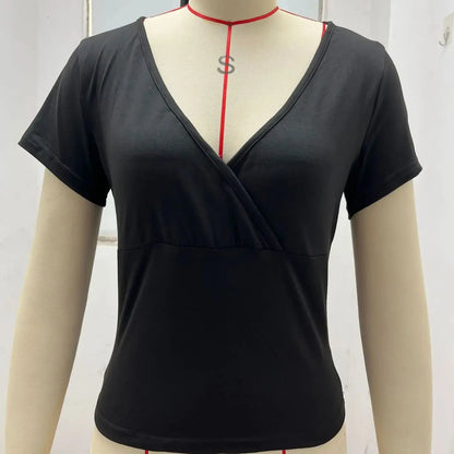 2026 New European and American Style Deep V-Neck Solid Color Waist-Slimming Slim-Fit Fashionable T-Shirt Spring and Summer Top