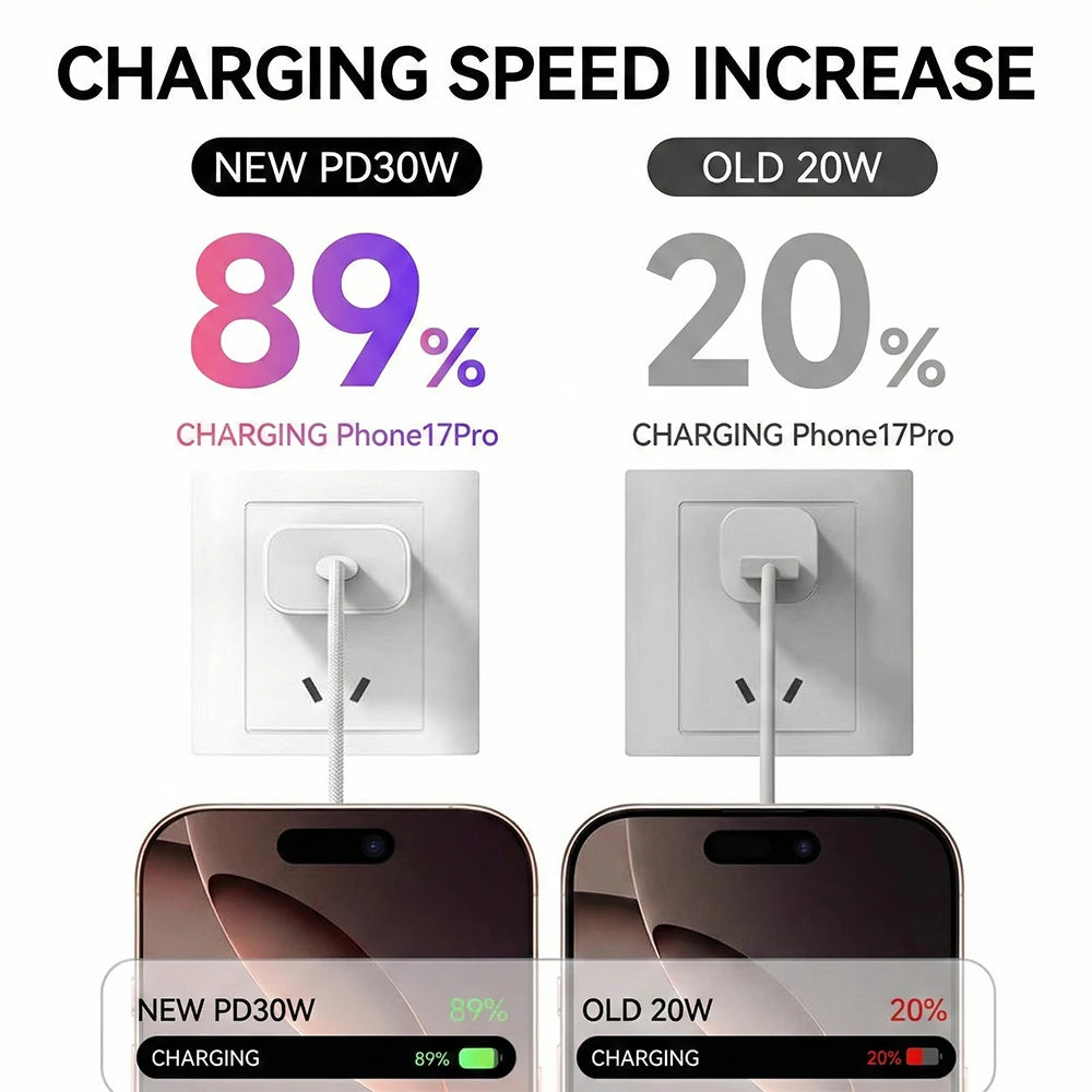 30W PD Fast Charger For iPhone 12 13 14 15 16 17 Pro Max Plus USB C To Lightning Quick Charging Cable Type C To C Power Adapter