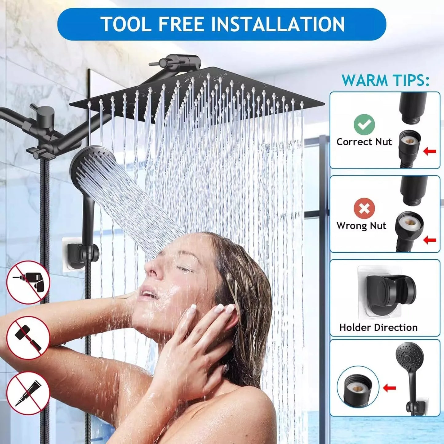 8/10 Inch Stainless Steel 5 Modes Overhead Shower With Extended Arm Multifunctional Handheld Shower Wall Mounted Shower Set