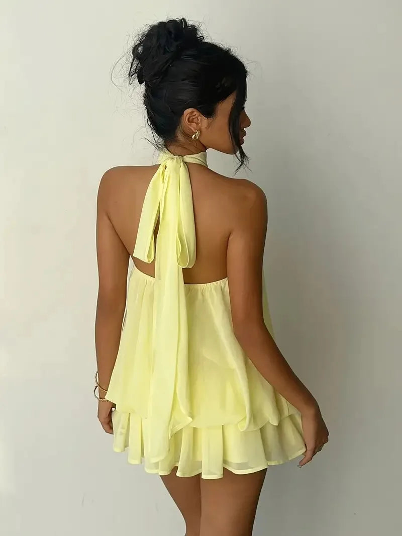 2026 Women's Elegant Halter Neck Sleeveless Ruffled Layered Chiffon Mini Dress Casual Summer Party Dress for Beach Vacation Y2K