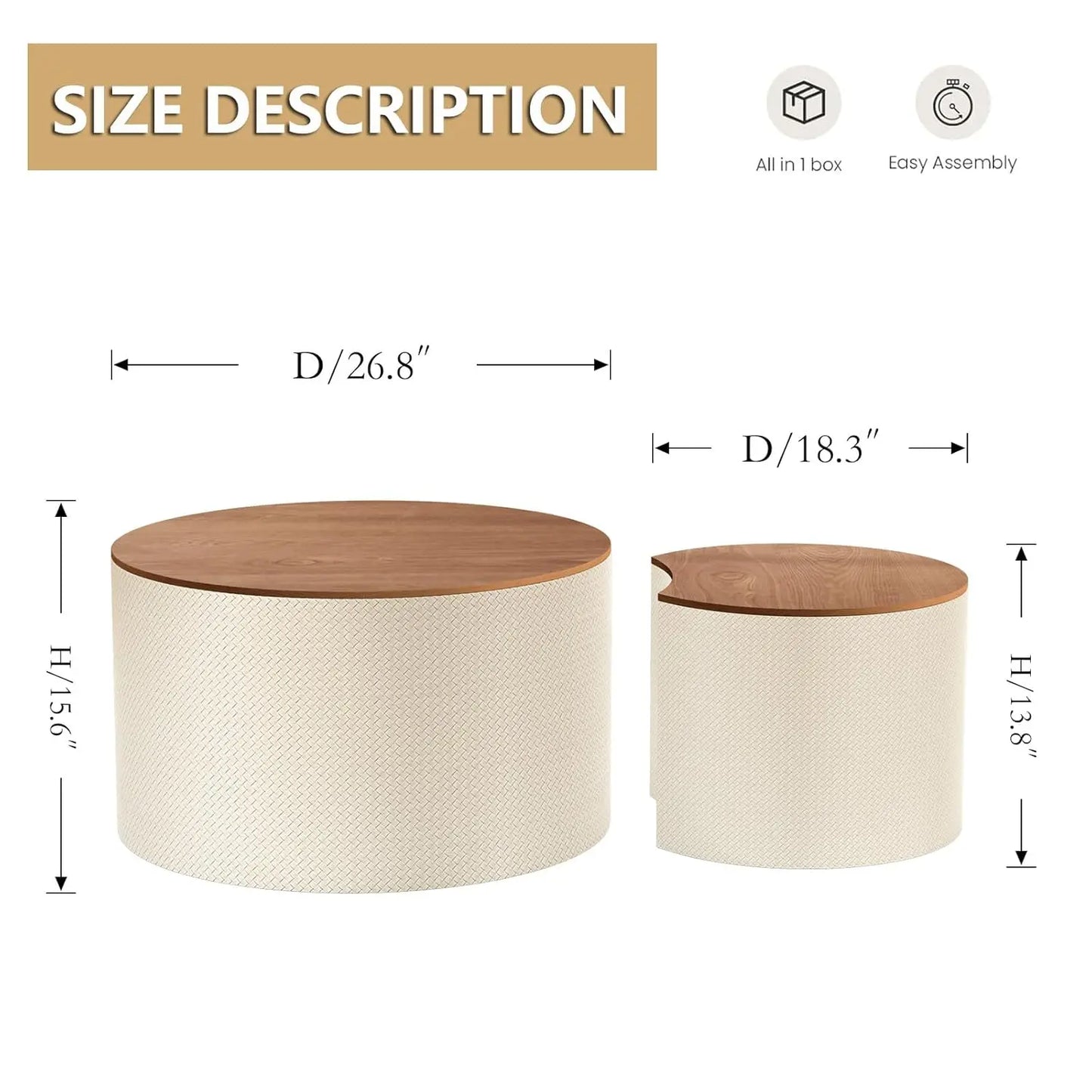 Round Nesting Coffee Table Set of 2 with Storage, 26.8" Farmhouse Handwoven PU Coffee Table, for Living Room, Customized