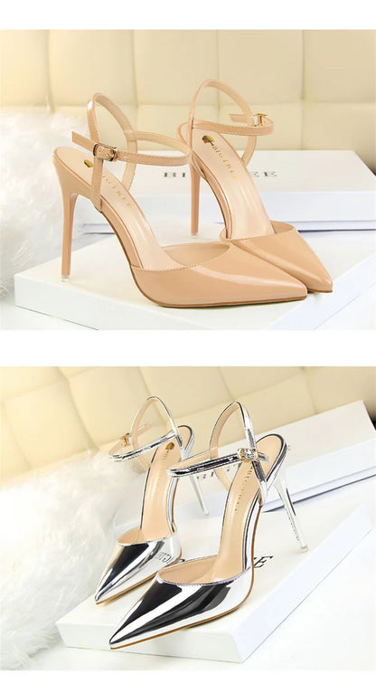 Women High Heels Sandals Metallic Gray Patent Leather Stripper Ankle Strap Wedding Nightclub Pointed Toe Party Valentine 86-1