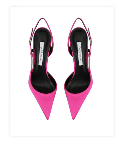 Rose red satin back tripe buckle sandals for women's new style slim heel and sexy European and American style single shoes
