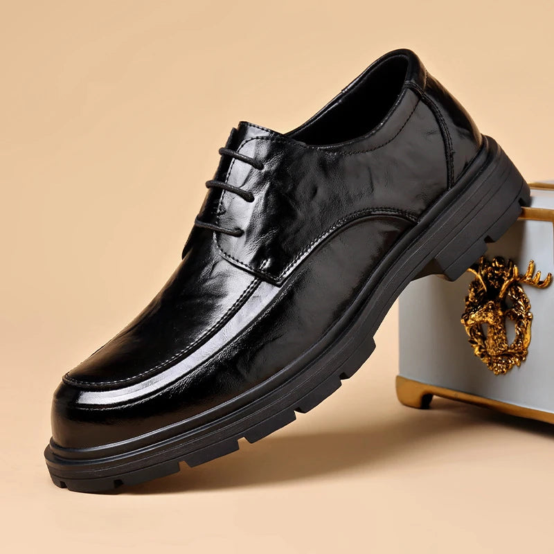 Mens Black Genuine Leather Wrinkled Lace Up Chunky Sole Formal Business Oxfords Casual Daily Wear Dress Shoes Stylish And Simple