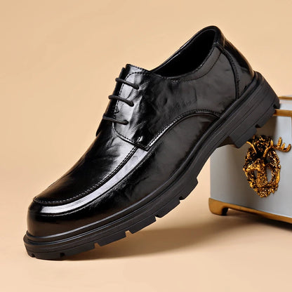 Mens Black Genuine Leather Wrinkled Lace Up Chunky Sole Formal Business Oxfords Casual Daily Wear Dress Shoes Stylish And Simple