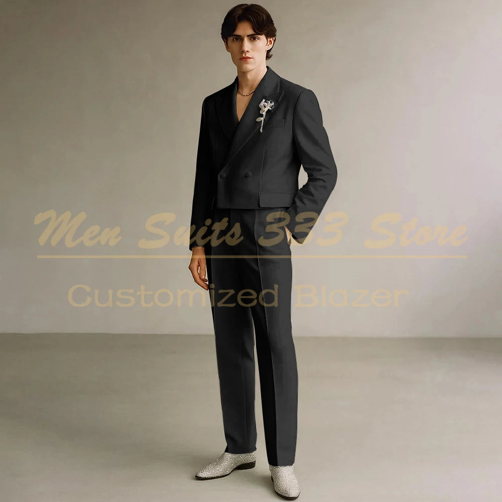 Cropped Men's Suits Formal Wedding Groomsmen 2 Piece Jacket Pants Sets Fashion Male Clothing High Quality Male Clothing Costume