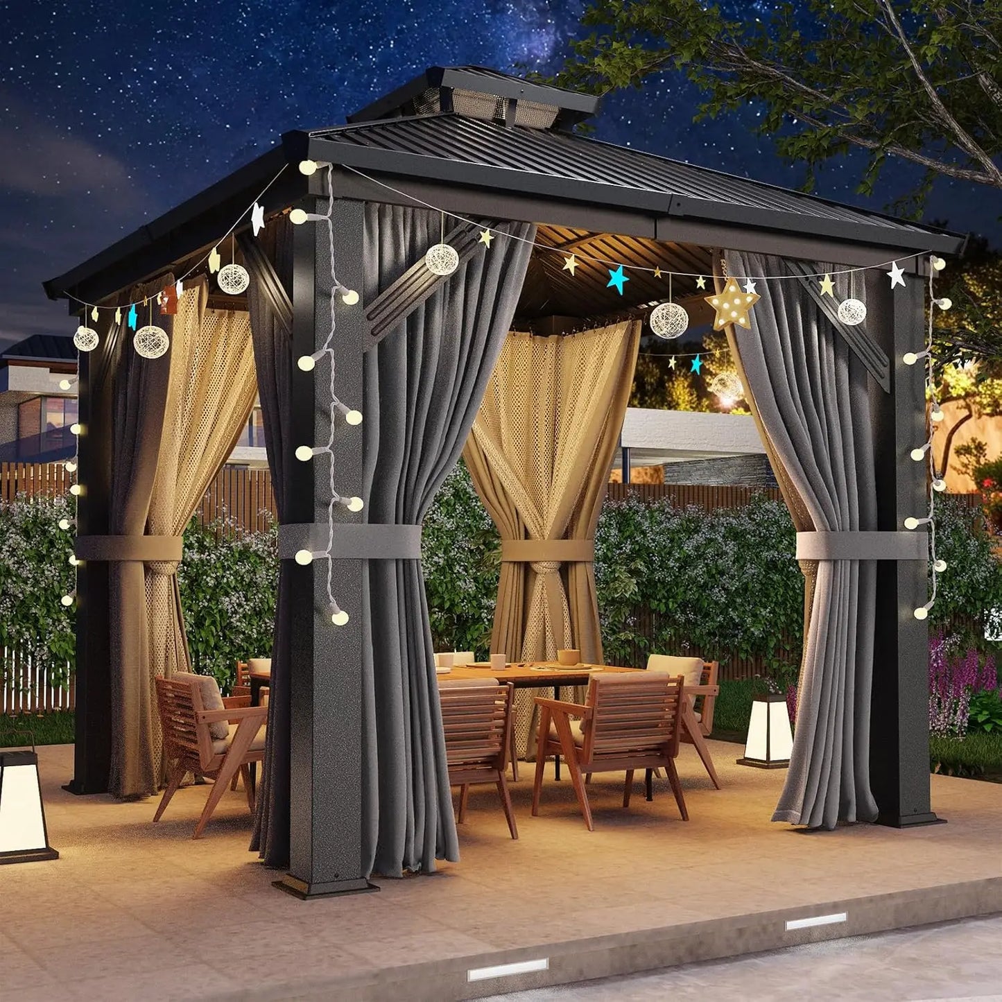 8x8FT Sturdy Hardtop Gazebo, Rustproof Aluminum Frame Double Steel Roof Outdoor Shelter with Decorative Curtains, Customized