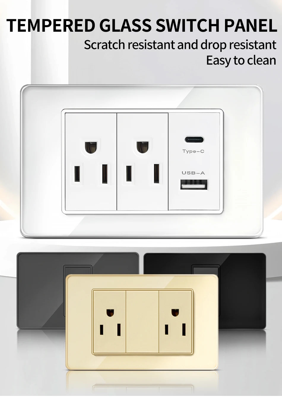 118*75mm TEMPERED GLASS SWITCH PANEL Wall Socket with USB Type - C, Grey US Switch, Thai Plug for Home & Office Use