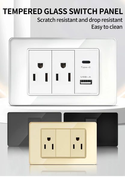 118*75mm TEMPERED GLASS SWITCH PANEL Wall Socket with USB Type - C, Grey US Switch, Thai Plug for Home & Office Use