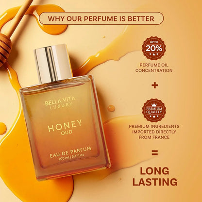 BellaVita Luxury Honey Oud EDP 3.4oz / 100ml Warm Sweet Amber Vanilla Long Lasting Unisex Perfume Ideal Holiday Gift