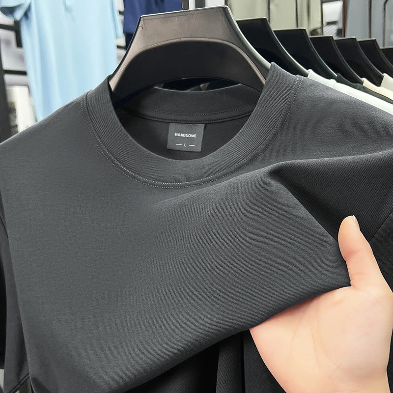 High quality luxury short sleeve T-shirt summer breathable cool silk cotton fashion solid color round neck top casual men's wear